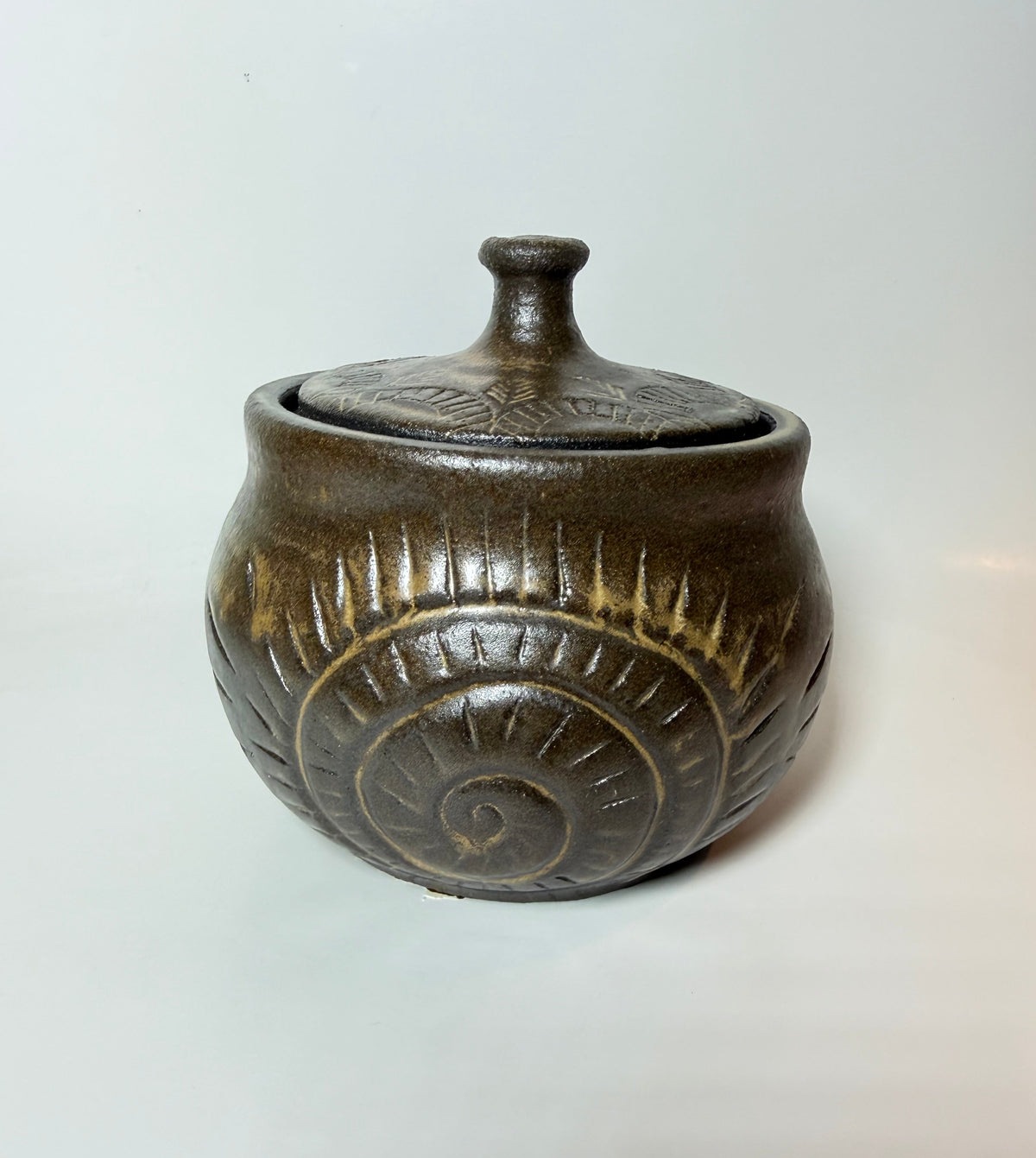 Spiral Shell Carved Lidded Jar