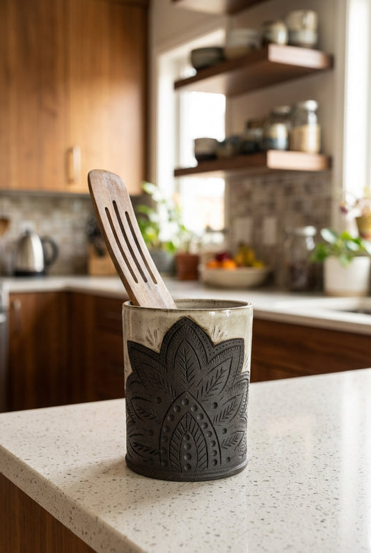 Lotus Bloom Carved Utensil Crock