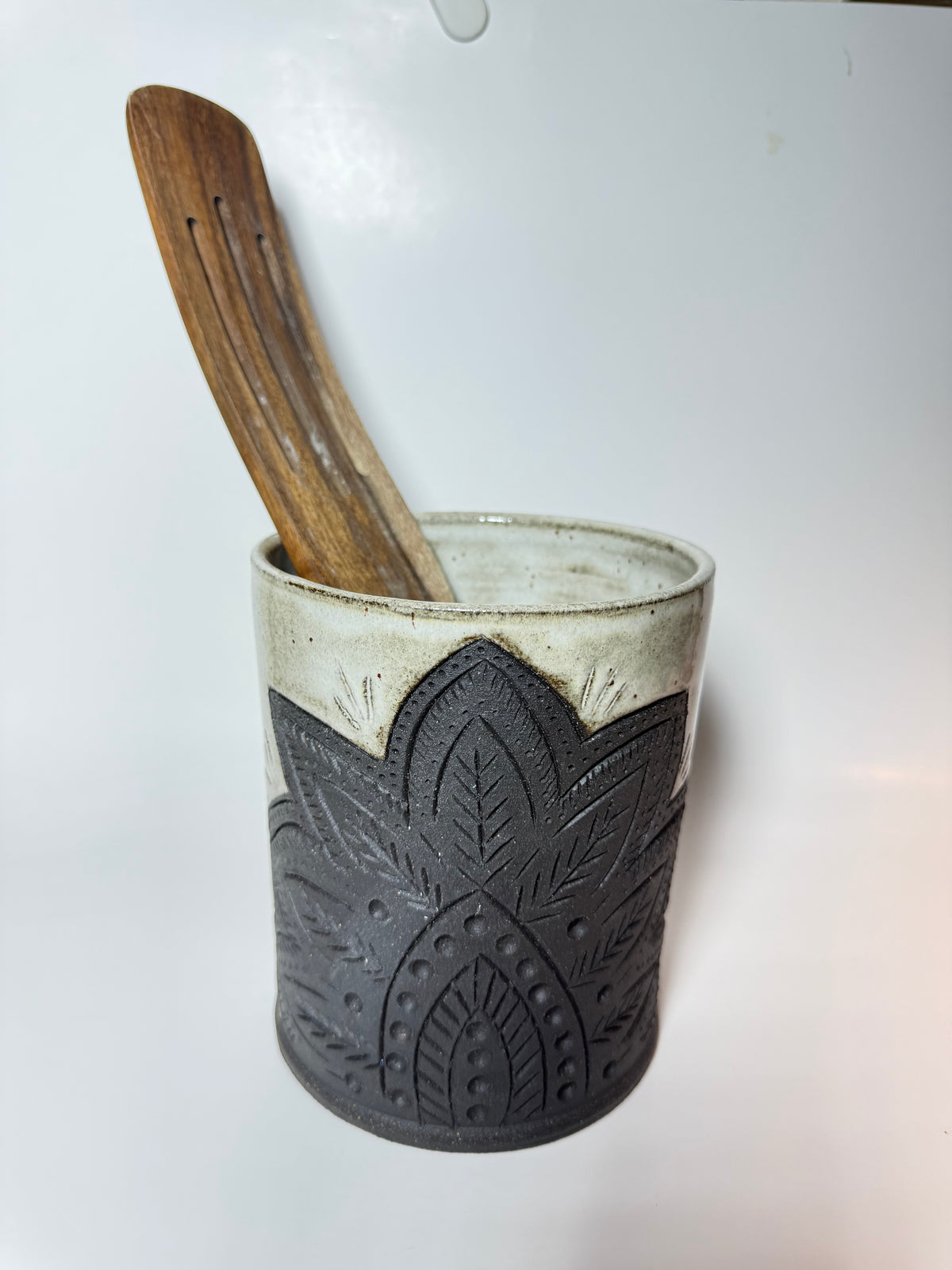 Lotus Bloom Carved Utensil Crock