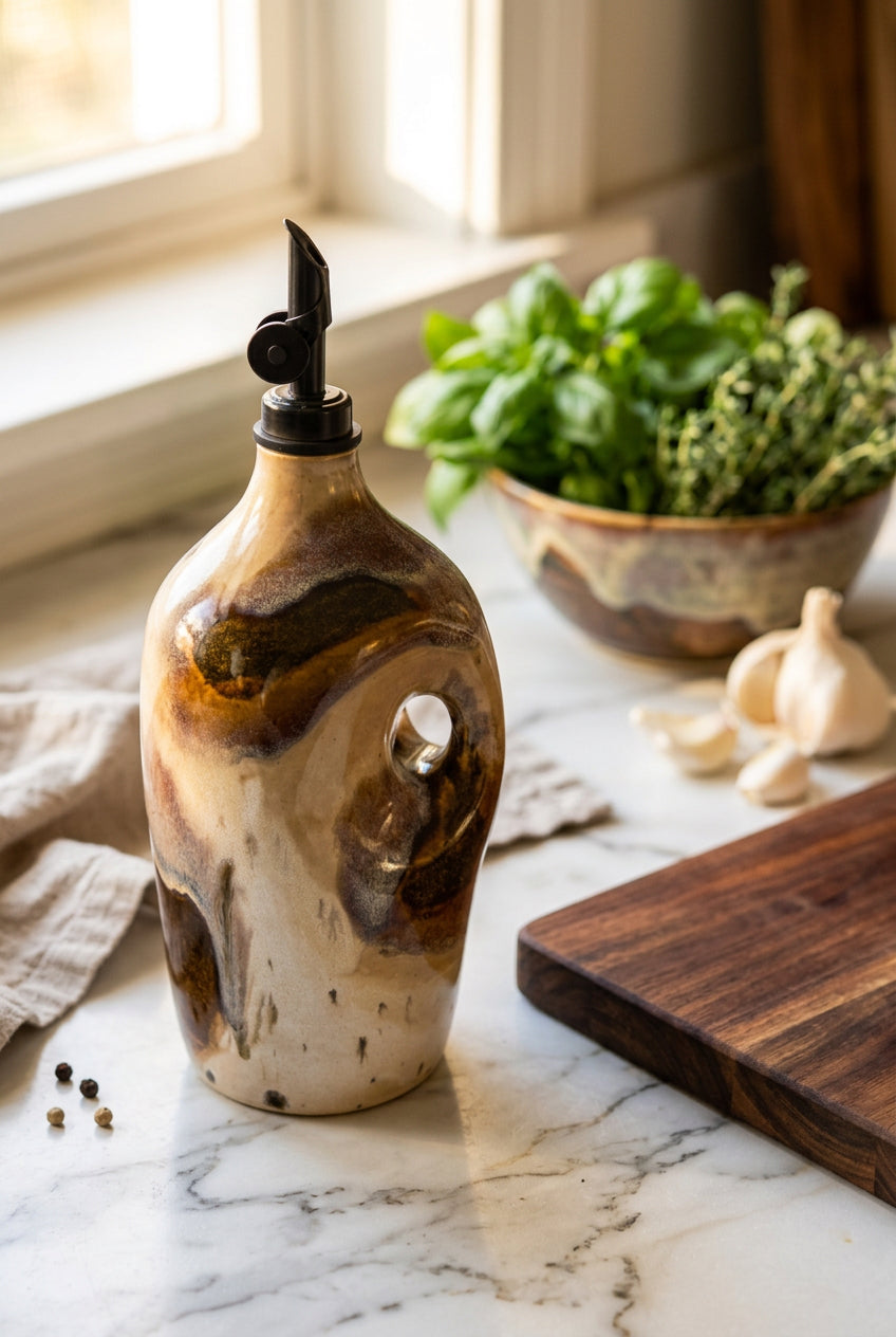 Cream and Cocoa Ceramic Oil Cruet