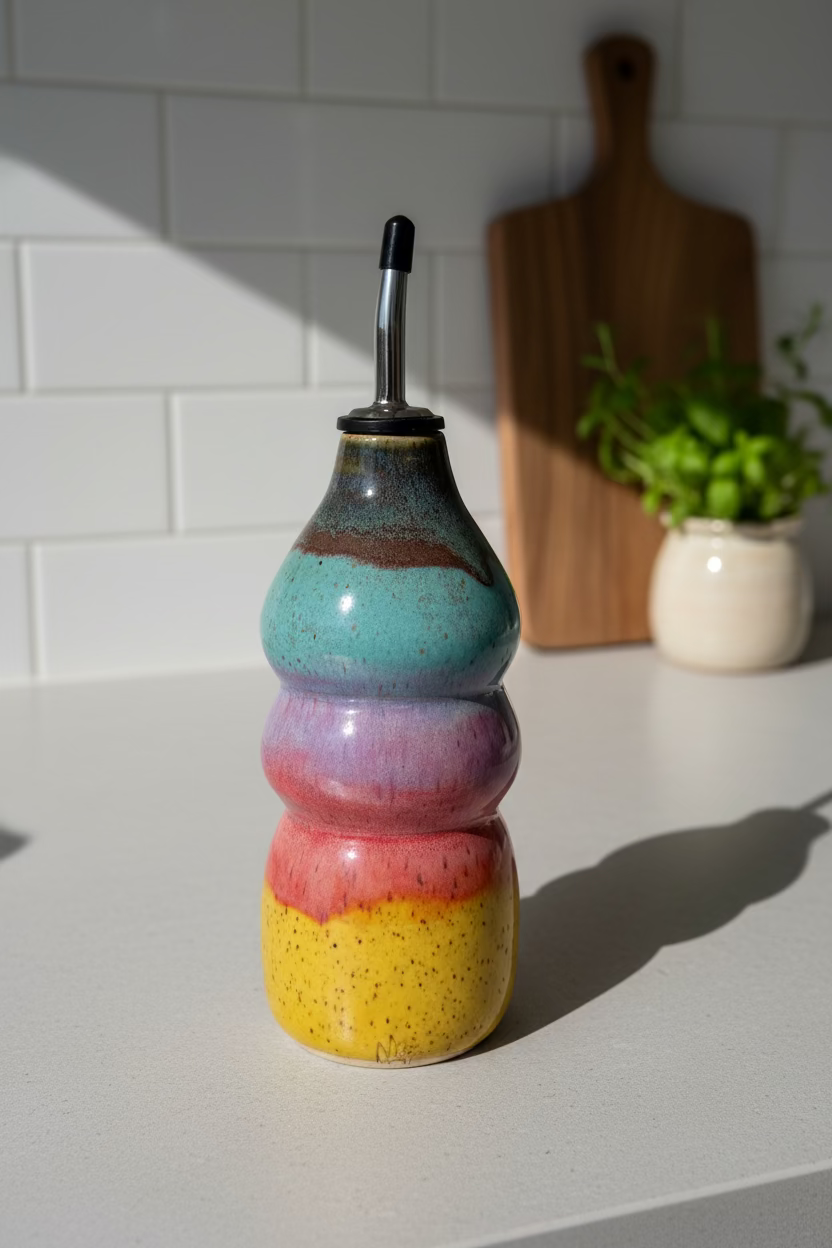 Multicolored ceramic oil bottle with a metallic cap on a white background