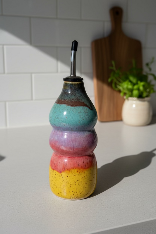 Multicolored ceramic oil bottle with a metallic cap on a white background