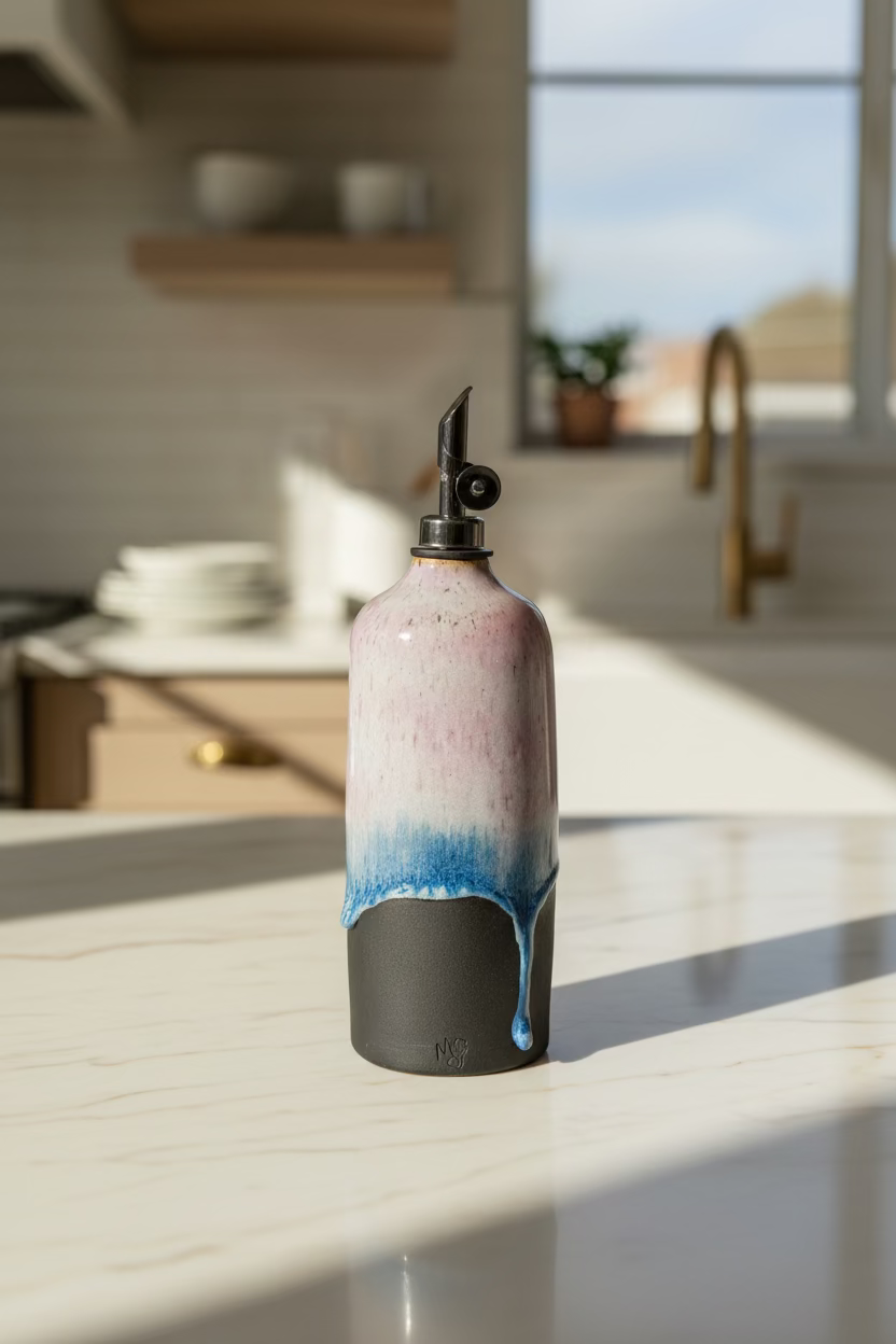 Multicolored bottle with a black cap on a white background