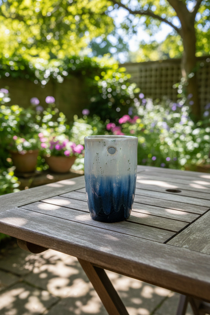 Ceramic vase with blue gradient on a white background